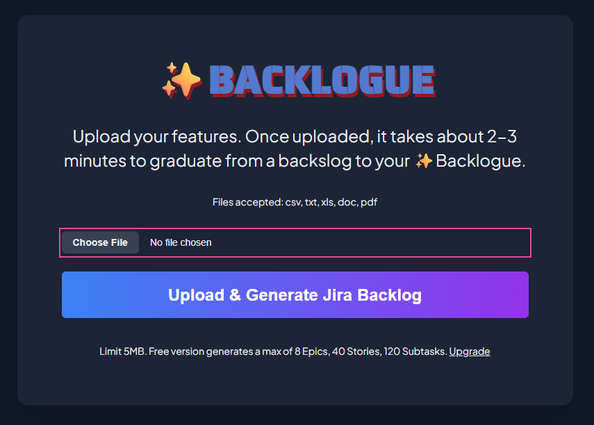 BACKLOGUE jira backog generator